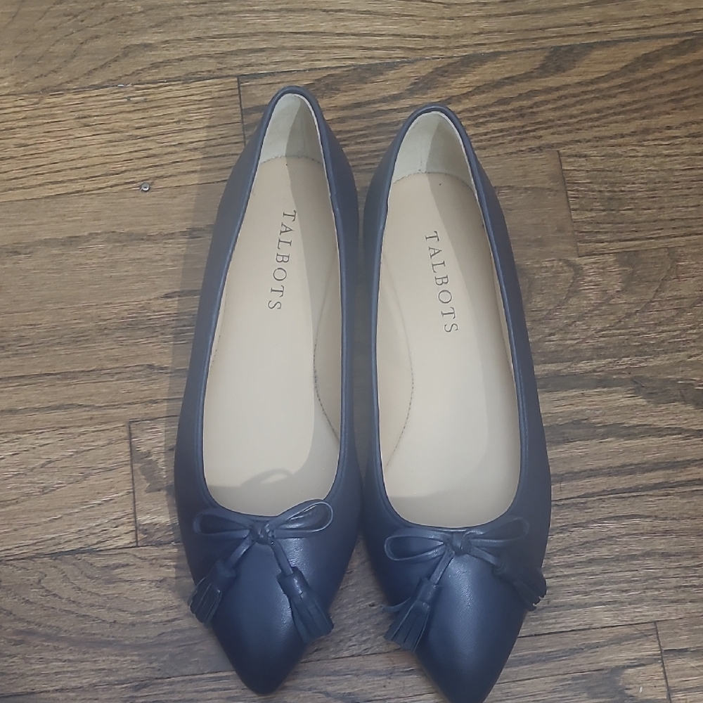 Talbots Black Leather Flats with Bow Detail